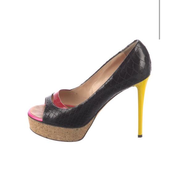 Giuseppe Zanotti Black Red Yellow Leather Snake Peep Toe Platform Shoe EU 37.5 - Picture 4 of 5